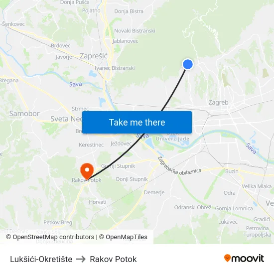 Lukšići-Okretište to Rakov Potok map