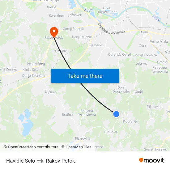 Havidić Selo to Rakov Potok map