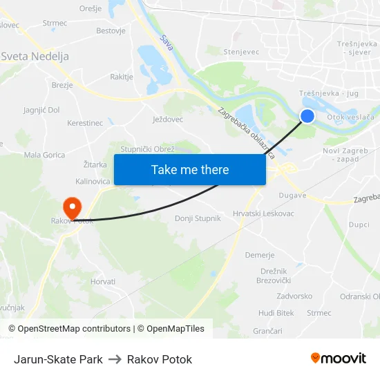 Jarun-Skate Park to Rakov Potok map
