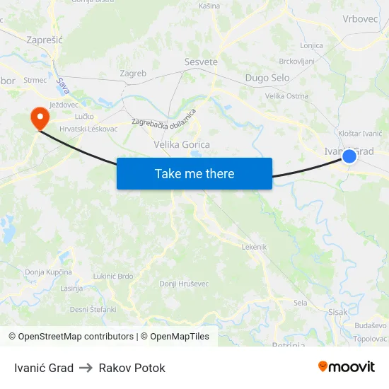 Ivanić Grad to Rakov Potok map