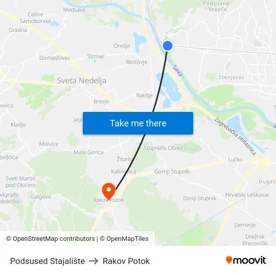Podsused Stajalište to Rakov Potok map