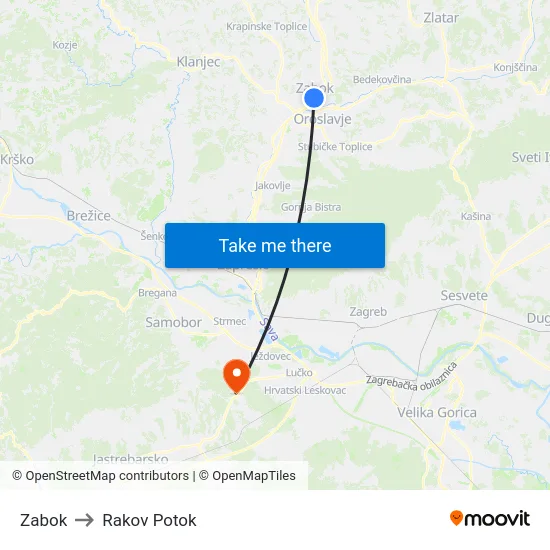 Zabok to Rakov Potok map