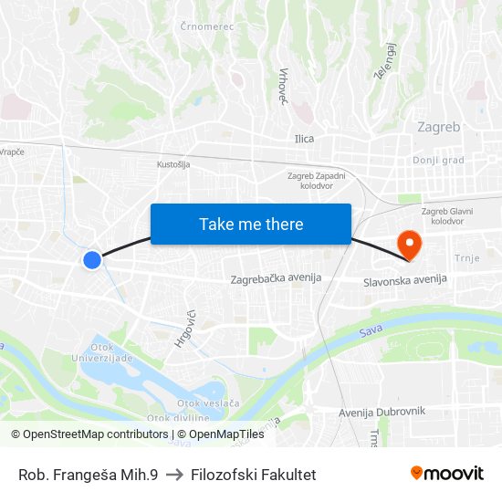 Rob. Frangeša Mih.9 to Filozofski Fakultet map