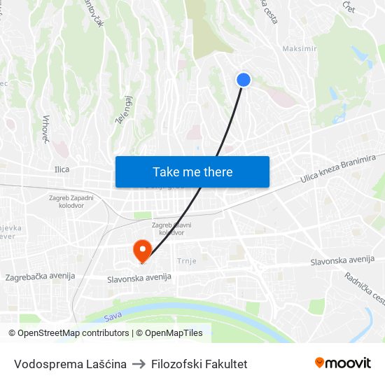 Vodosprema Lašćina to Filozofski Fakultet map