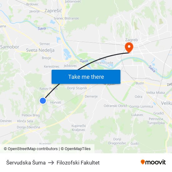 Šervudska Šuma to Filozofski Fakultet map