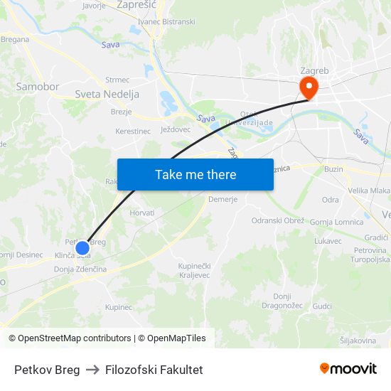 Petkov Breg to Filozofski Fakultet map