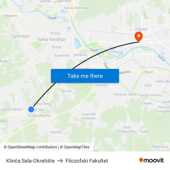 Klinča Sela-Okretište to Filozofski Fakultet map