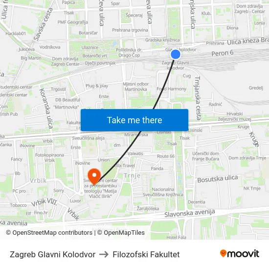 Zagreb Glavni Kolodvor to Filozofski Fakultet map