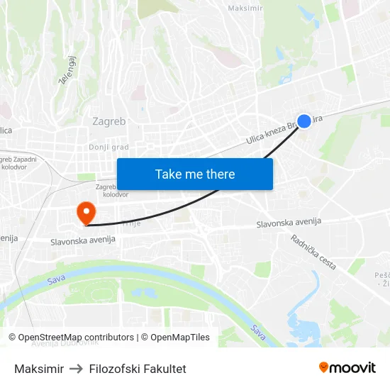 Maksimir to Filozofski Fakultet map