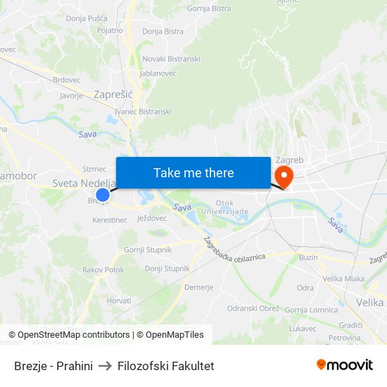 Brezje  - Prahini to Filozofski Fakultet map