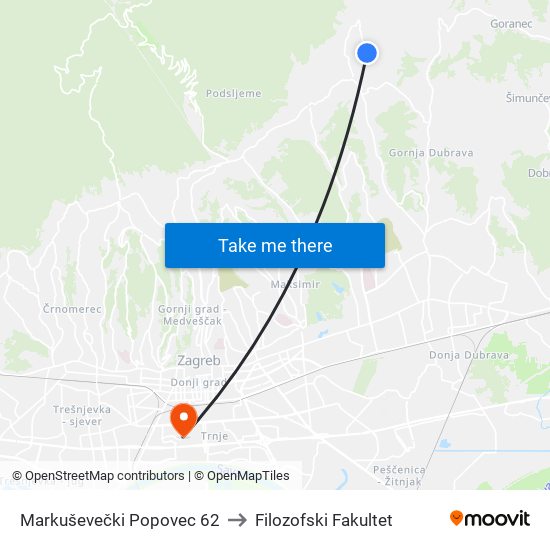 Markuševečki Popovec 62 to Filozofski Fakultet map