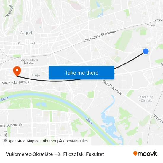 Vukomerec-Okretište to Filozofski Fakultet map