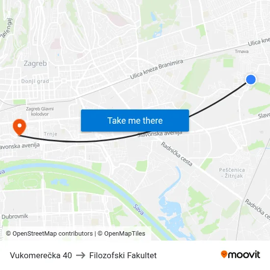 Vukomerečka 40 to Filozofski Fakultet map