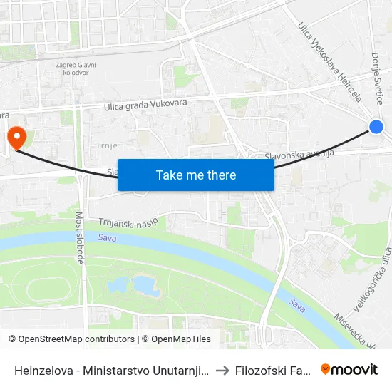 Heinzelova - Ministarstvo Unutarnjih Poslova to Filozofski Fakultet map