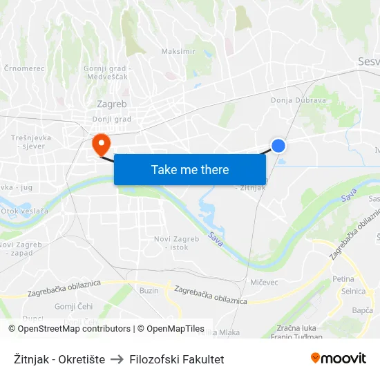 Žitnjak - Okretište to Filozofski Fakultet map