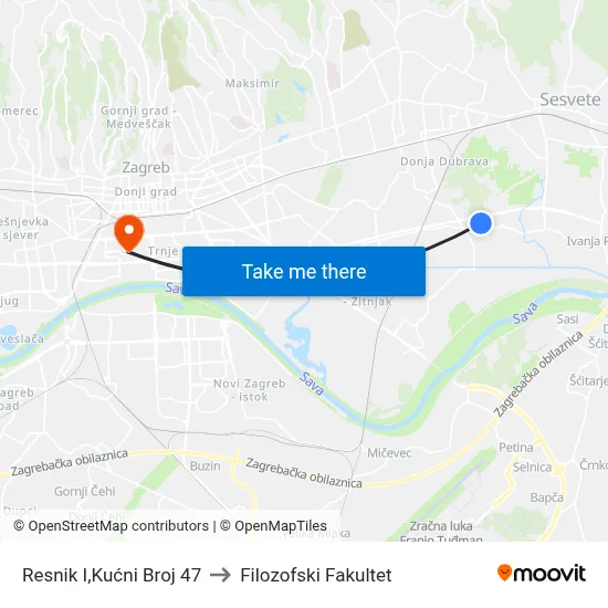 Resnik I,Kućni Broj 47 to Filozofski Fakultet map