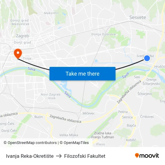Ivanja Reka-Okretište to Filozofski Fakultet map