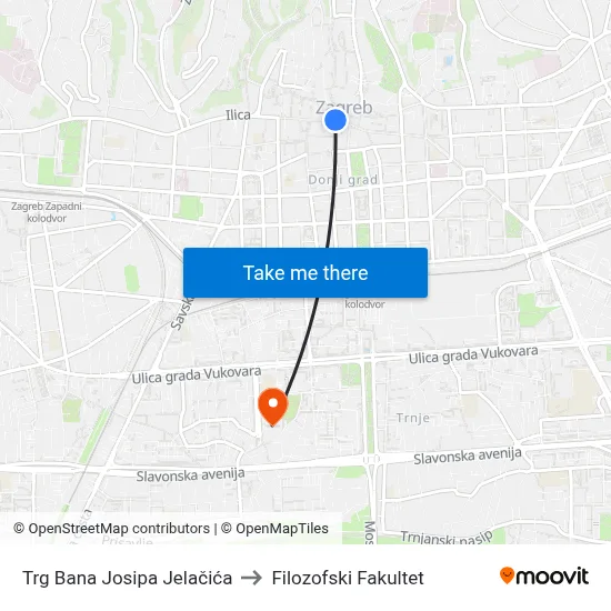 Trg Bana Josipa Jelačića to Filozofski Fakultet map