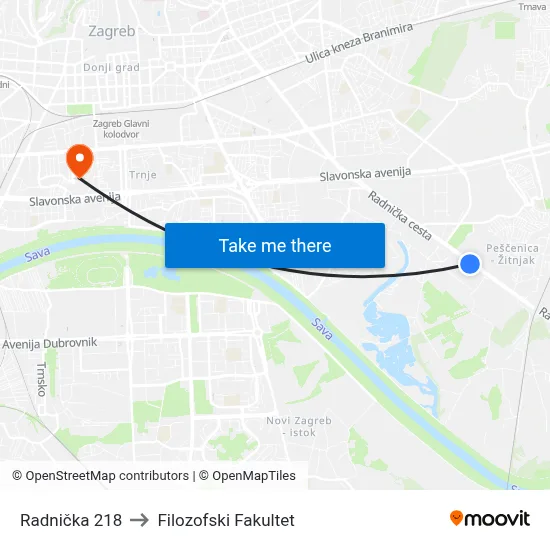 Radnička 218 to Filozofski Fakultet map