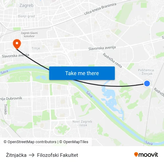 Žitnjačka to Filozofski Fakultet map