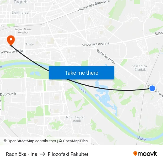 Radnička - Ina to Filozofski Fakultet map