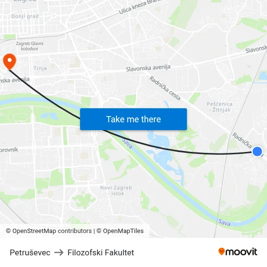 Petruševec to Filozofski Fakultet map