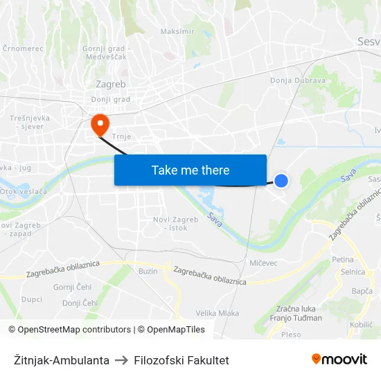 Žitnjak-Ambulanta to Filozofski Fakultet map