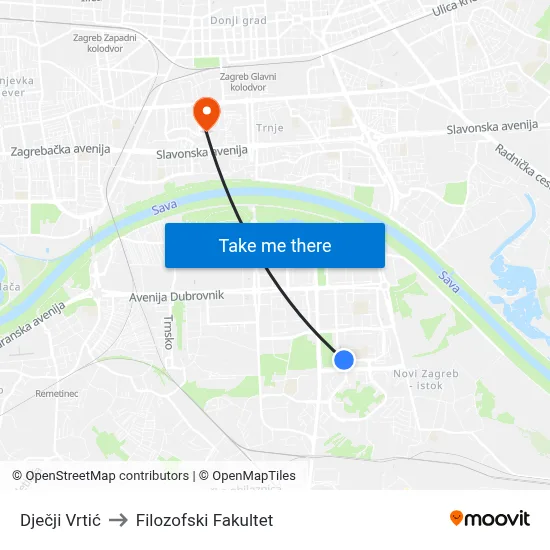 Dječji Vrtić to Filozofski Fakultet map
