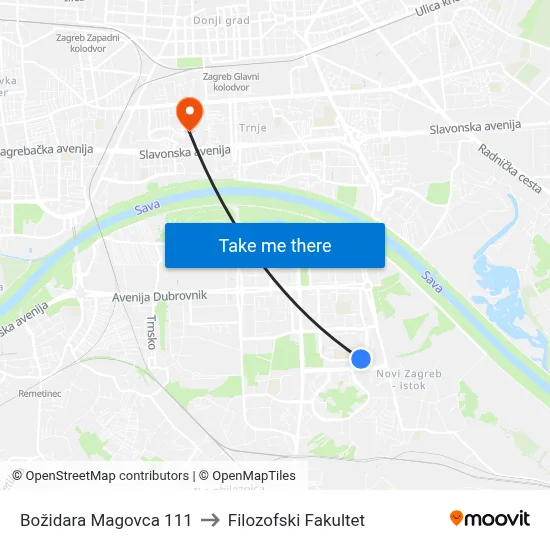 Božidara Magovca 111 to Filozofski Fakultet map