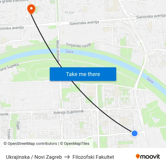 Ukrajinska / Novi Zagreb to Filozofski Fakultet map