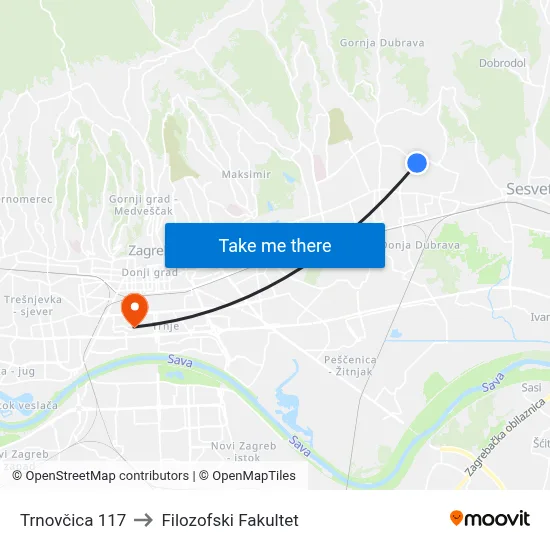 Trnovčica 117 to Filozofski Fakultet map