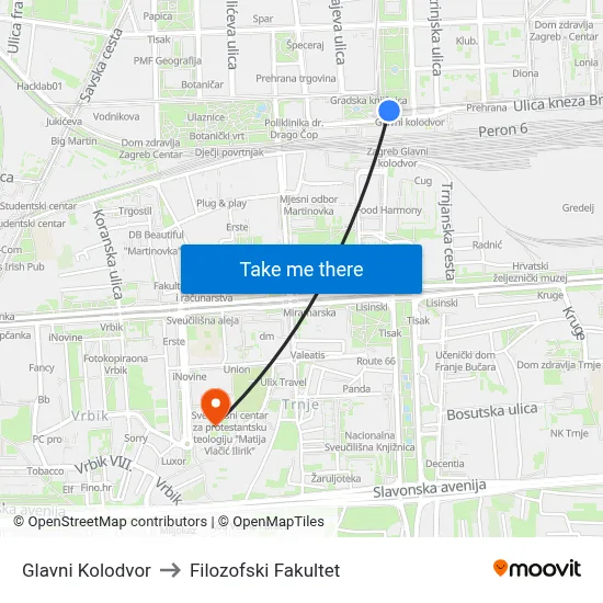 Glavni Kolodvor to Filozofski Fakultet map