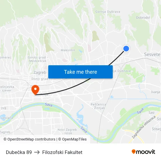 Dubečka 89 to Filozofski Fakultet map