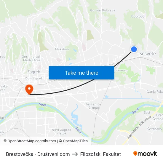 Brestovečka - Društveni dom to Filozofski Fakultet map