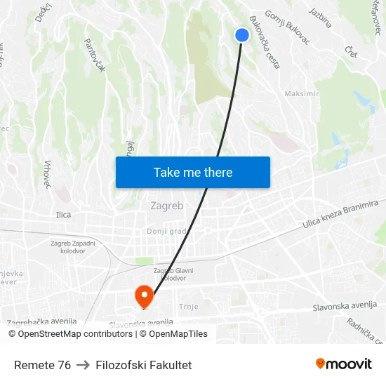 Remete 76 to Filozofski Fakultet map