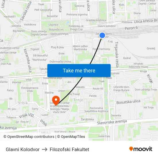 Glavni Kolodvor to Filozofski Fakultet map