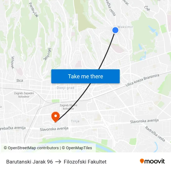 Barutanski Jarak 96 to Filozofski Fakultet map