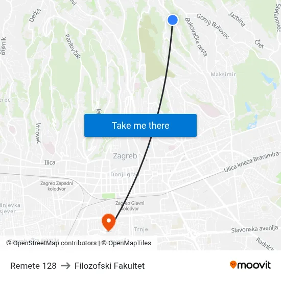 Remete 128 to Filozofski Fakultet map