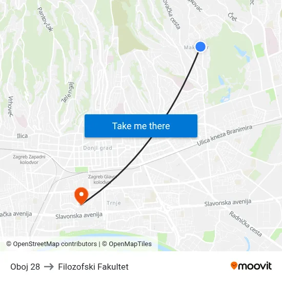 Oboj 28 to Filozofski Fakultet map