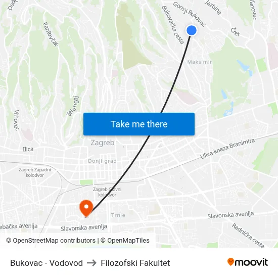 Bukovac - Vodovod to Filozofski Fakultet map