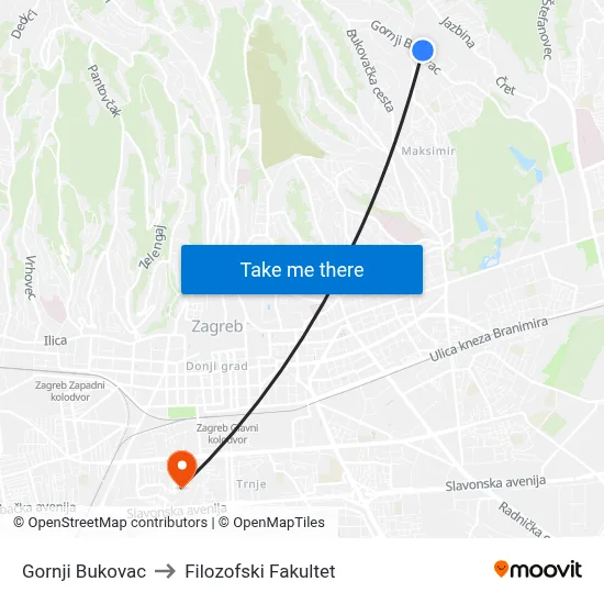 Gornji Bukovac to Filozofski Fakultet map