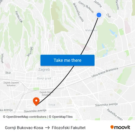 Gornji Bukovac-Kosa to Filozofski Fakultet map