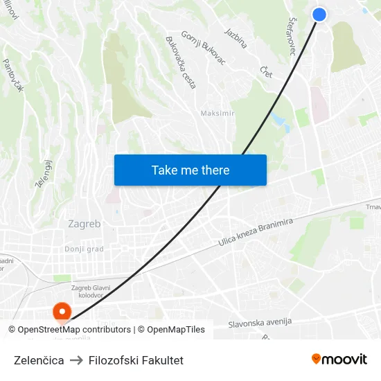 Zelenčica to Filozofski Fakultet map