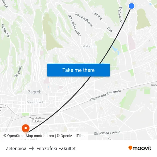 Zelenčica to Filozofski Fakultet map