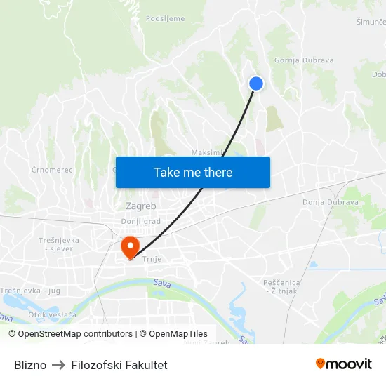 Blizno to Filozofski Fakultet map