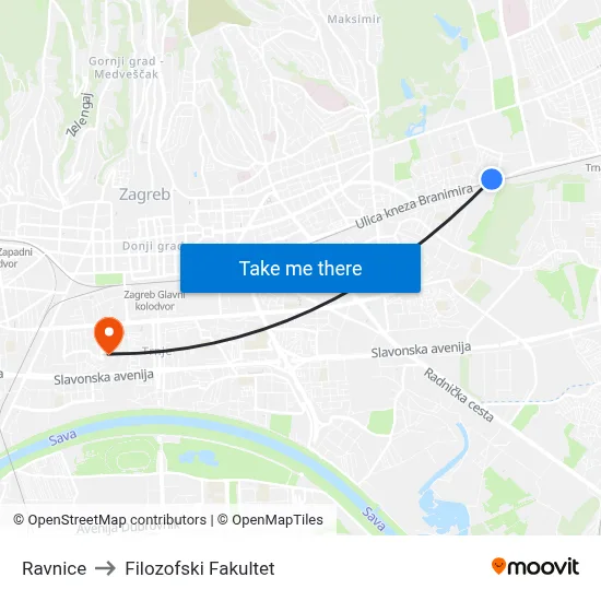 Ravnice to Filozofski Fakultet map