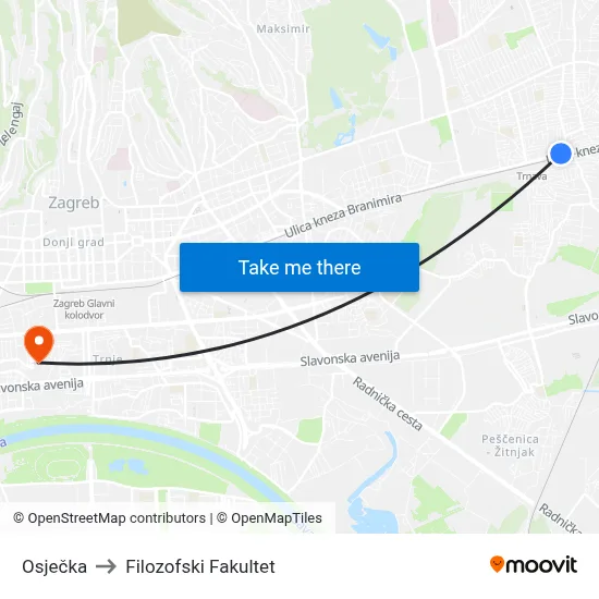 Osječka to Filozofski Fakultet map