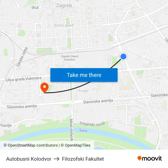 Autobusni Kolodvor to Filozofski Fakultet map