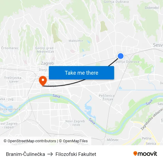 Branim-Čulinečka to Filozofski Fakultet map