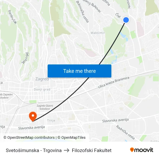 Svetošimunska - Trgovina to Filozofski Fakultet map